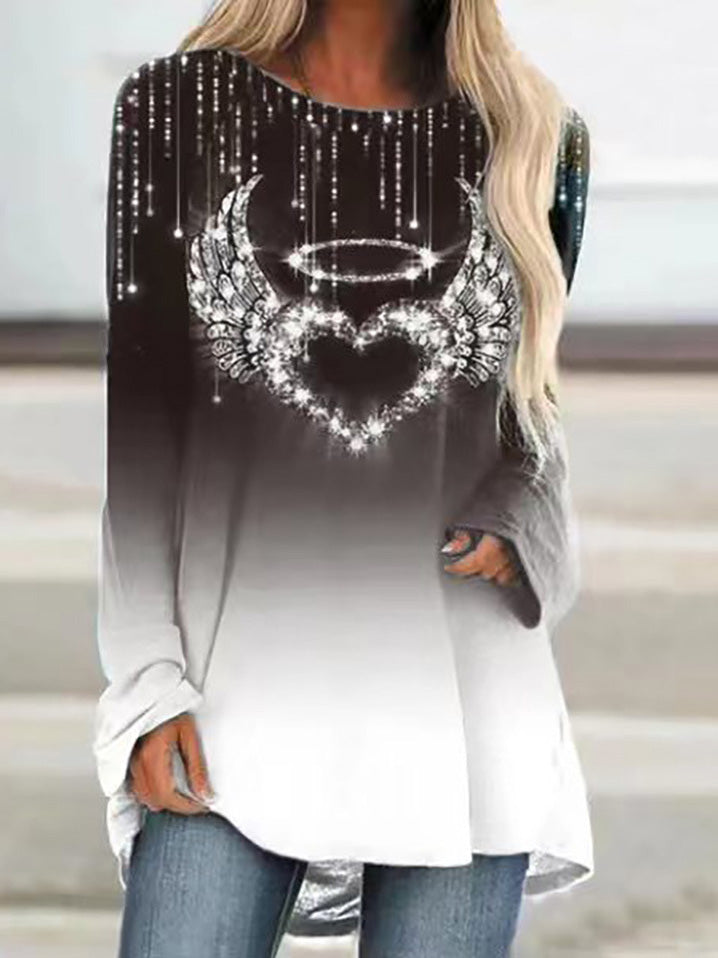 Women's T-Shirts Loose Crew Neck Heart Print Long Sleeve T-Shirt