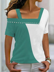 Women's T-Shirts Irregular Neck Contrast Color Short Sleeve T-Shirt