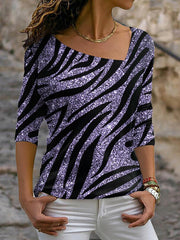 Women's T-Shirts Printed Diagonal Neck Long Sleeve T-Shirt