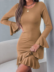 Women's Dresses Round Neck Long Sleeve Slim Fit Ruffle Dress