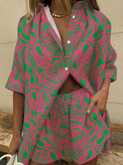 Women's Sets Printed Lapel Button Shirt & Shorts Two-Piece Set