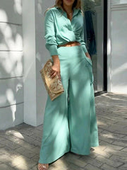 Women's Sets Loose Long Sleeve Top & Wide Leg Pants Two Piece Set
