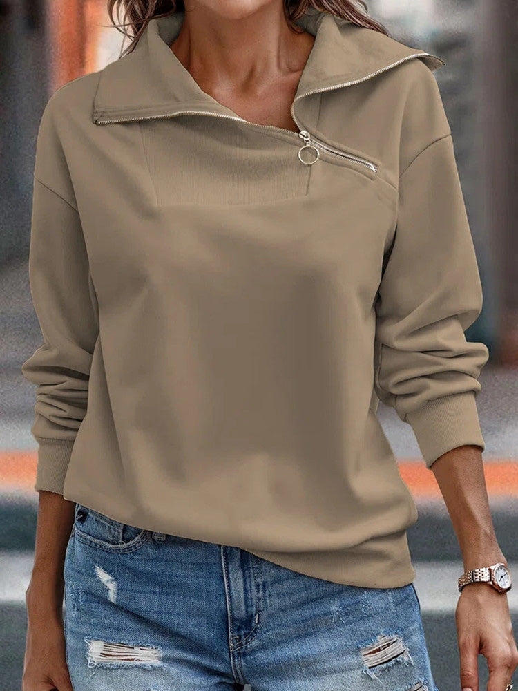 Women's T-Shirts Solid Zip Turtleneck Casual Hoodies