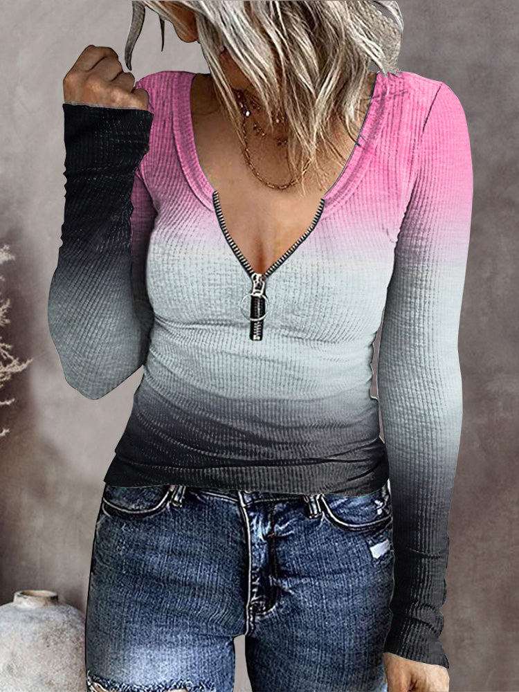 Women's T-Shirts Zip Gradient Print Long Sleeve T-Shirt
