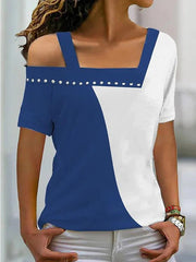 Women's T-Shirts Irregular Neck Contrast Color Short Sleeve T-Shirt