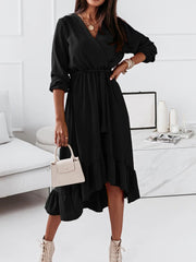 Women's Dresses Solid Tie Long Sleeve Ruffle Dress