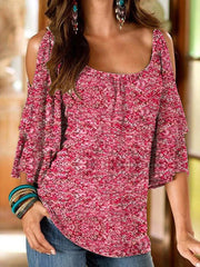 Women's T-Shirts Printed U-Neck Off-Shoulder Mid-Sleeve T-Shirt