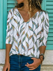 Women's T-Shirts Loose V-Neck Leaf Print Long Sleeve T-Shirt