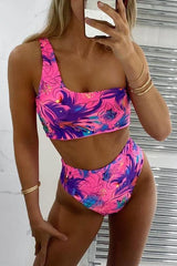 Print One Shoulder High Waist Bikini Set