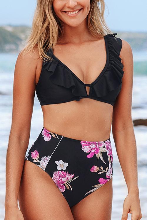 Print Ruffles High Waist Bikini Set