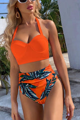 Leaf Print Halter Neck High Waist Bikini Sets