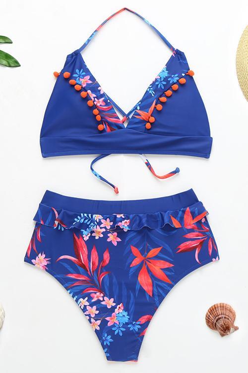 Pom Pom Floral High Waist Bikini Set