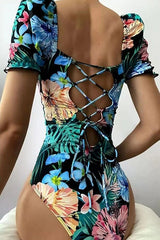 Lace Backless Short Sleeve One Piece Swimwear