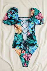 Lace Backless Short Sleeve One Piece Swimwear