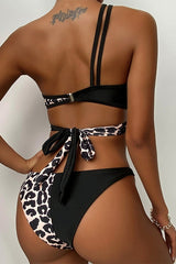 Leopard Patchwork One Shoulder Bikini Set