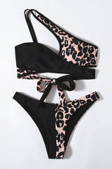 Leopard Patchwork One Shoulder Bikini Set