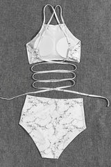 Marbling Halter Neck Backless Bikini Set