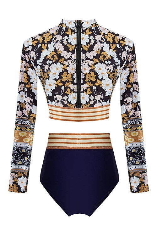 Cut Out Floral Long Sleeve One Piece Swimwear