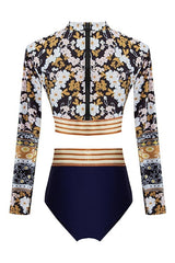 Cut Out Floral Long Sleeve One Piece Swimwear