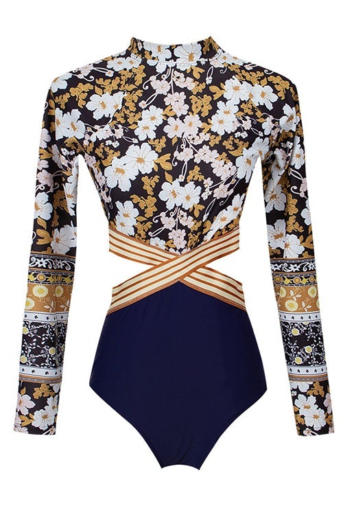 Cut Out Floral Long Sleeve One Piece Swimwear