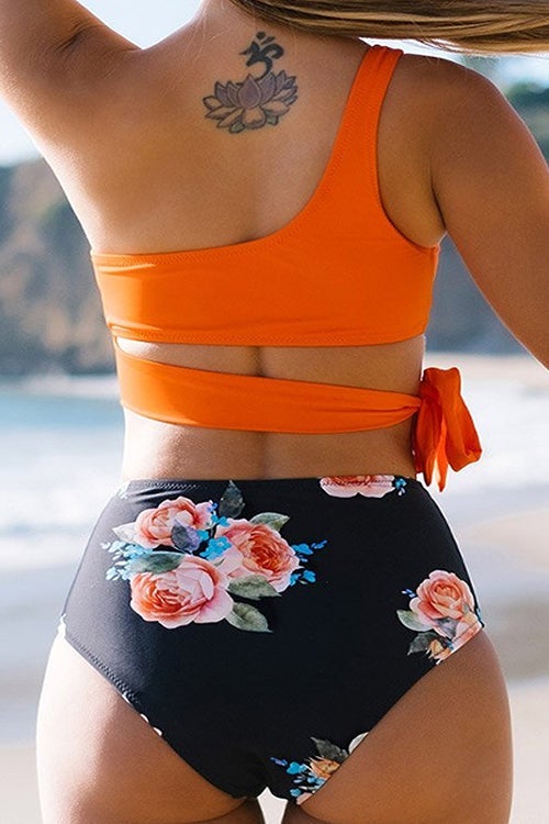 Knot High Waist One Shoulder Bikini Set