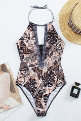 Leaf Mesh Halter Neck One Piece Swimwear