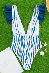Zebra Stripe Ruffle Plunging One Piece Swimwear