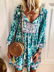 Printed V-neck Long Sleeve A Line Dress