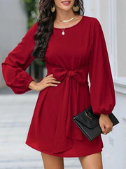 Solid Color Front Tie Lantern Sleeve Dress