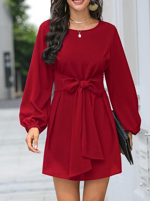 Solid Color Front Tie Lantern Sleeve Dress