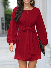 Solid Color Front Tie Lantern Sleeve Dress
