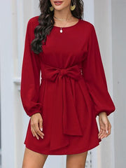 Solid Color Front Tie Lantern Sleeve Dress