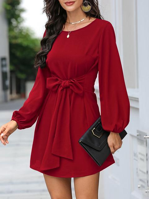 Solid Color Front Tie Lantern Sleeve Dress