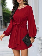 Solid Color Front Tie Lantern Sleeve Dress