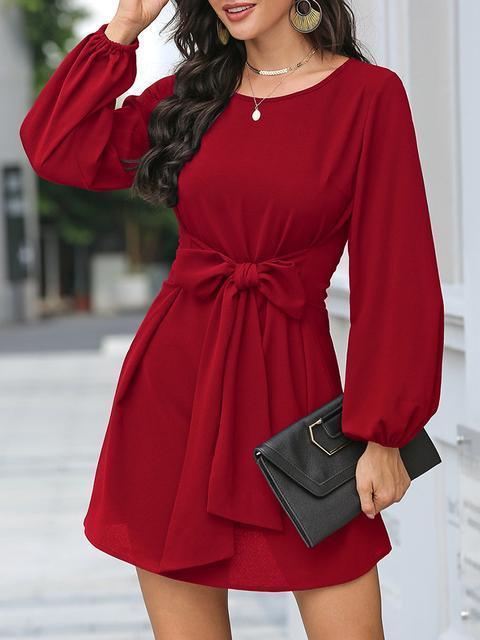 Solid Color Front Tie Lantern Sleeve Dress