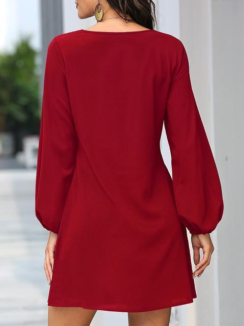 Solid Color Front Tie Lantern Sleeve Dress