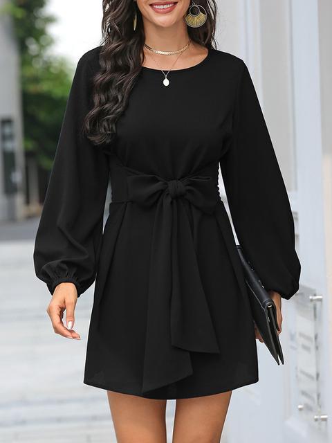 Solid Color Front Tie Lantern Sleeve Dress