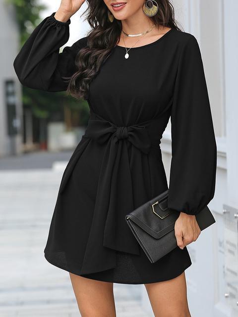 Solid Color Front Tie Lantern Sleeve Dress