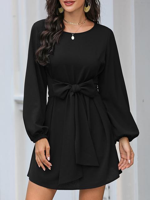 Solid Color Front Tie Lantern Sleeve Dress