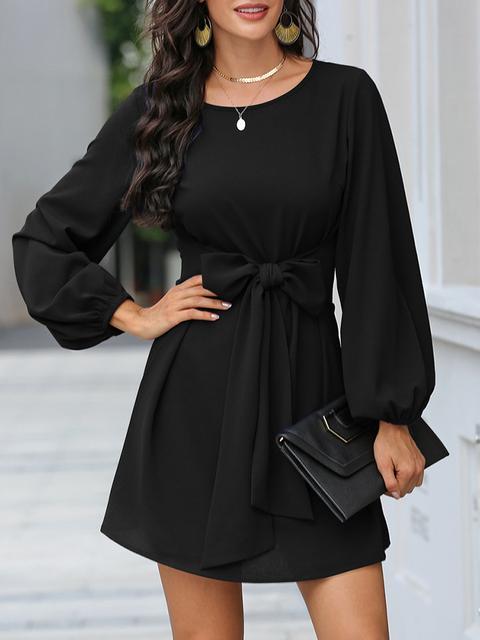 Solid Color Front Tie Lantern Sleeve Dress