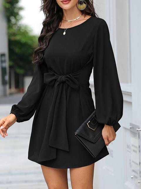 Solid Color Front Tie Lantern Sleeve Dress