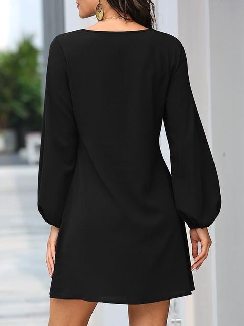 Solid Color Front Tie Lantern Sleeve Dress