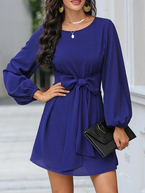 Solid Color Front Tie Lantern Sleeve Dress