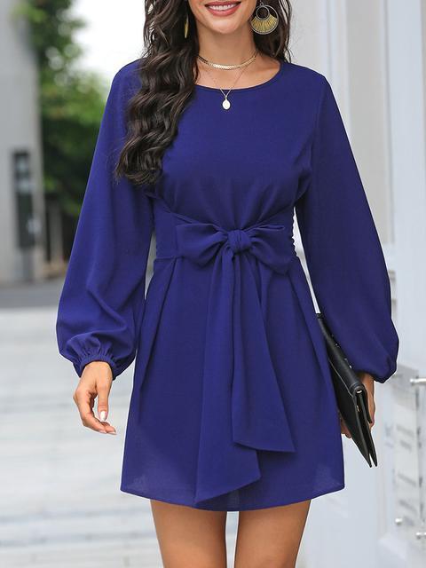Solid Color Front Tie Lantern Sleeve Dress