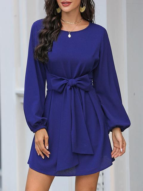 Solid Color Front Tie Lantern Sleeve Dress