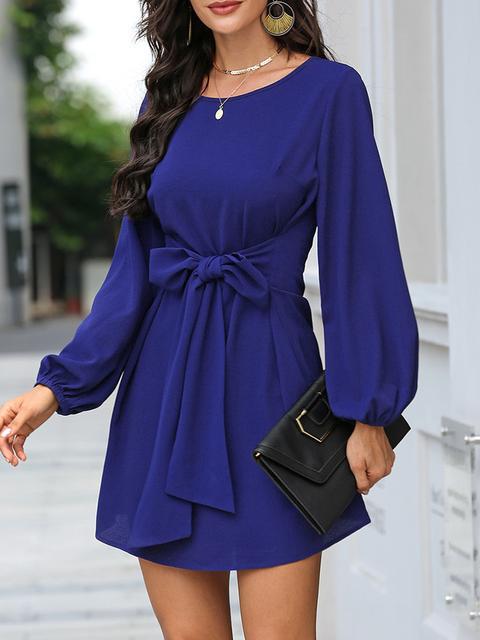 Solid Color Front Tie Lantern Sleeve Dress