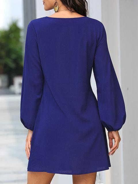 Solid Color Front Tie Lantern Sleeve Dress
