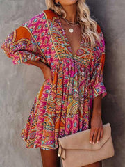 Multicolour V Neck 3/4 Sleeve Bohemian Mini Dress