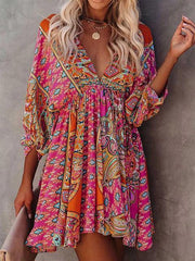 Multicolour V Neck 3/4 Sleeve Bohemian Mini Dress