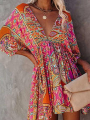 Multicolour V Neck 3/4 Sleeve Bohemian Mini Dress